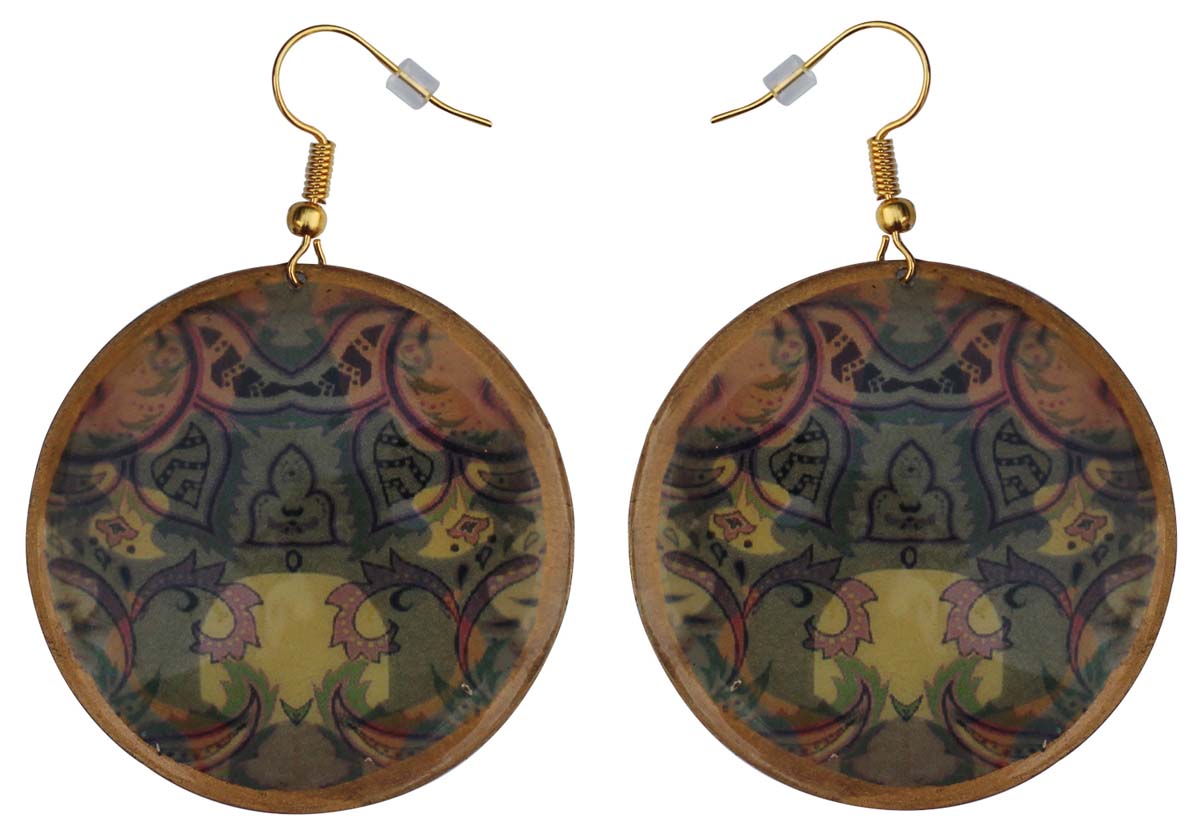 2.5” Pair of Round Hook Earrings in Brass -Colorful Fern Pattern - Drop Earrings / Women Fashion Jewelry - Buy in Bulk Wholesale